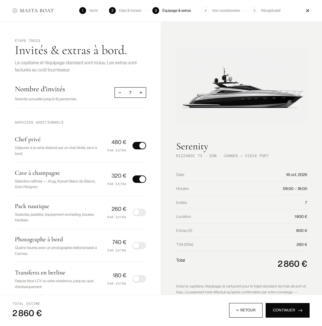 Étape 3 : les invités et les extras, chef privé et champagne ajoutés, le total passe à 2 860 €.