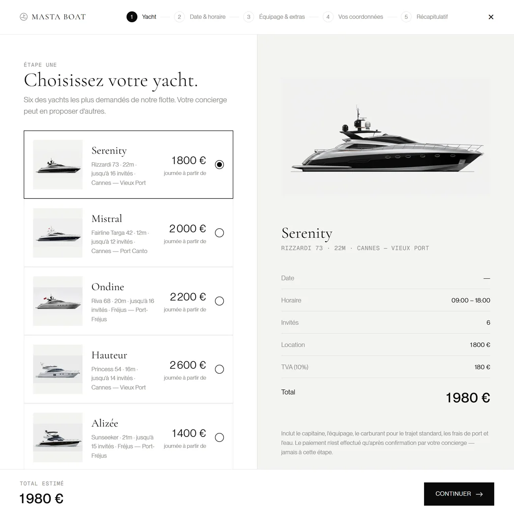 Étape 1 : le choix du yacht, Serenity sélectionné, et le résumé à droite.