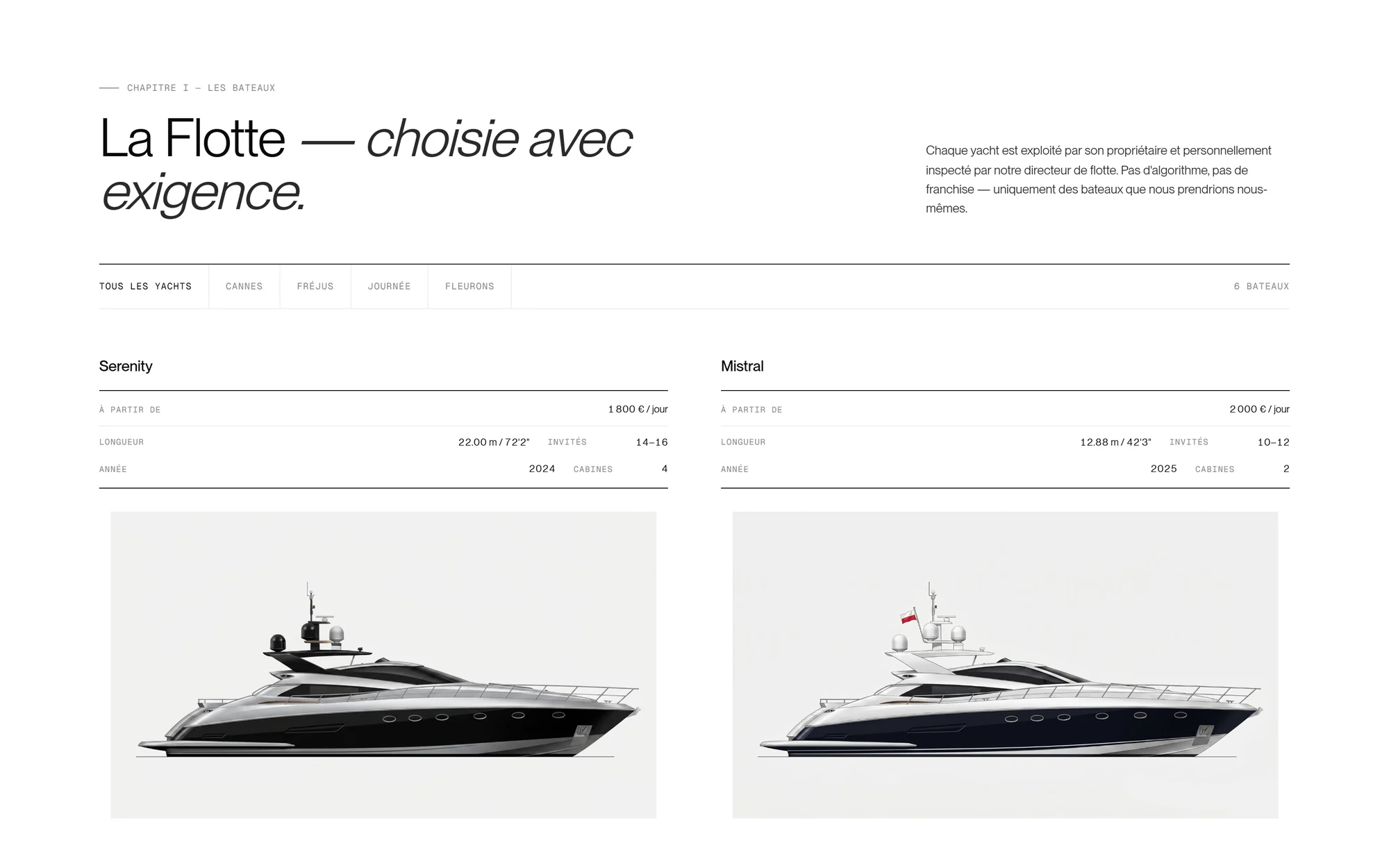 La flotte : le titre « La Flotte — choisie avec exigence », les filtres et les fiches de Serenity et Mistral.