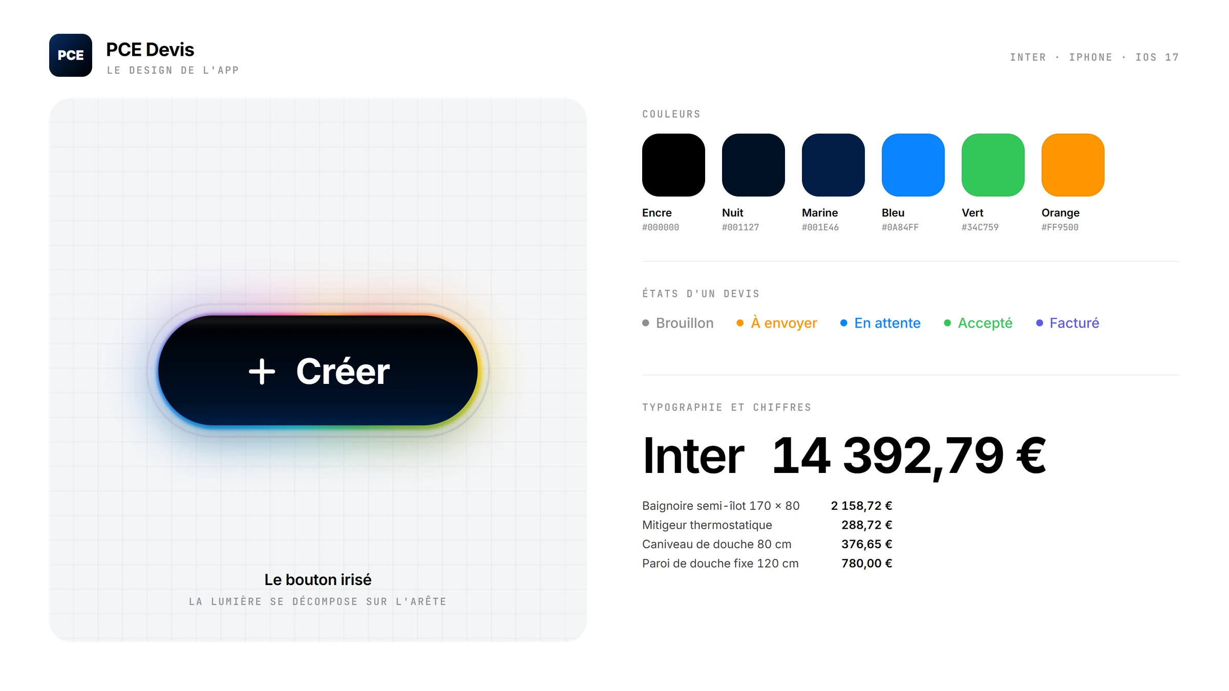 La planche du design de PCE Devis : le bouton irisé, les couleurs, les états d'un devis et la typographie.