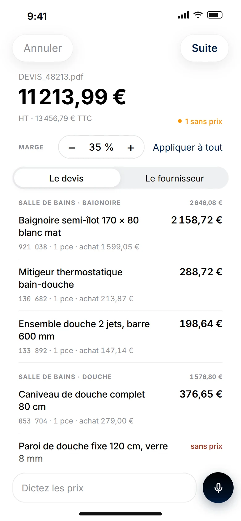 Le devis chiffré avec 35 % de marge, une ligne encore sans prix.