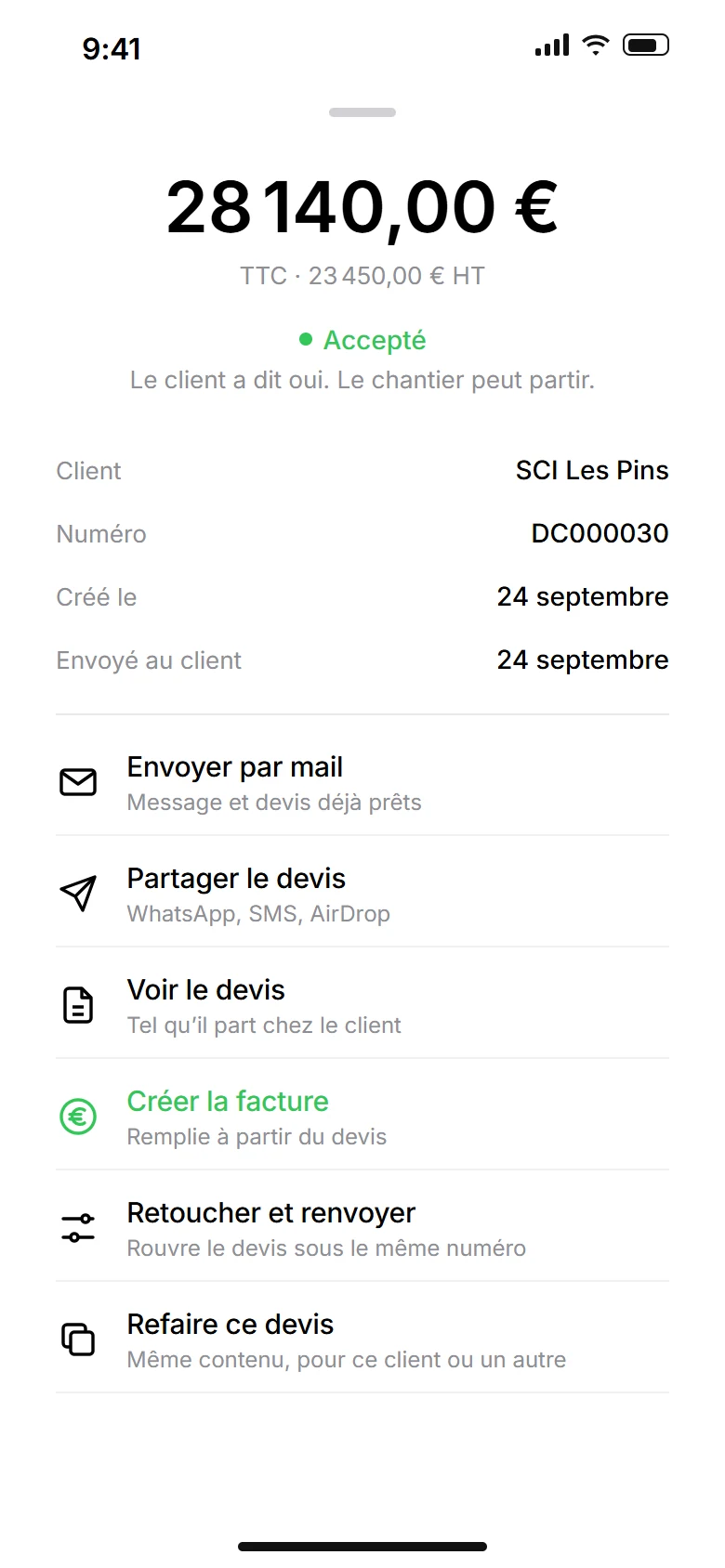La fiche d’un devis accepté : l’envoyer, le partager, créer la facture.