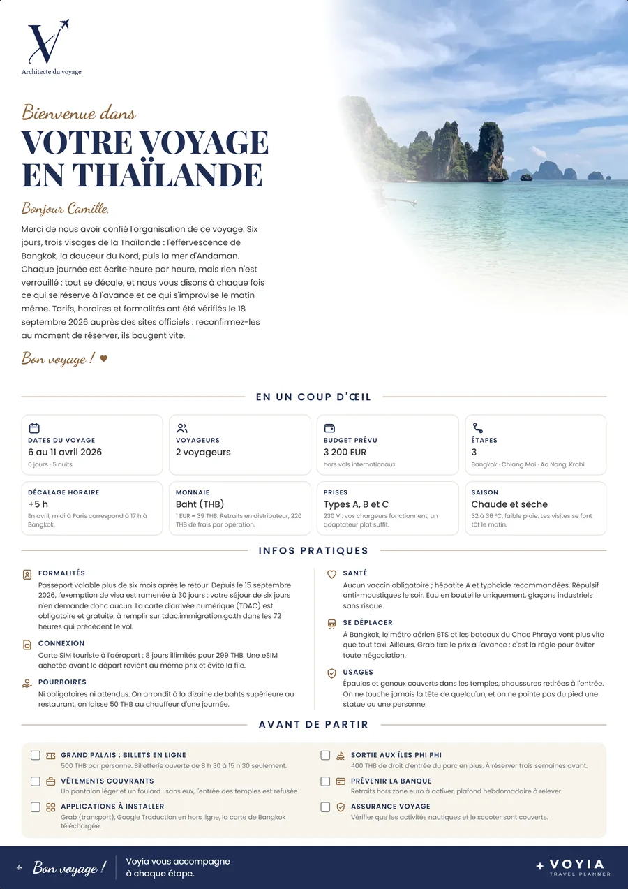 La couverture du carnet de démonstration : « Votre voyage en Thaïlande ».